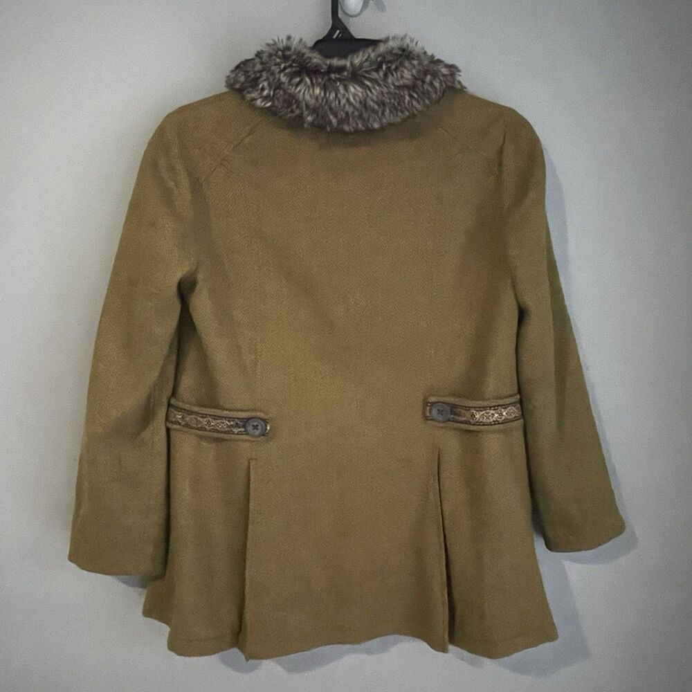 Free People Pea Coat Wool Silk Faux Fur Collar Women's Sz 10 Green Tweed Ribbon - Picture 2 of 16